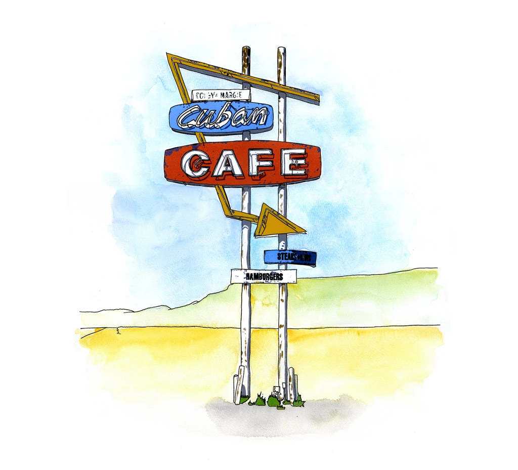 Watercolor and ink sketch of a vintage Cuban Cafe roadside sign in the desert
