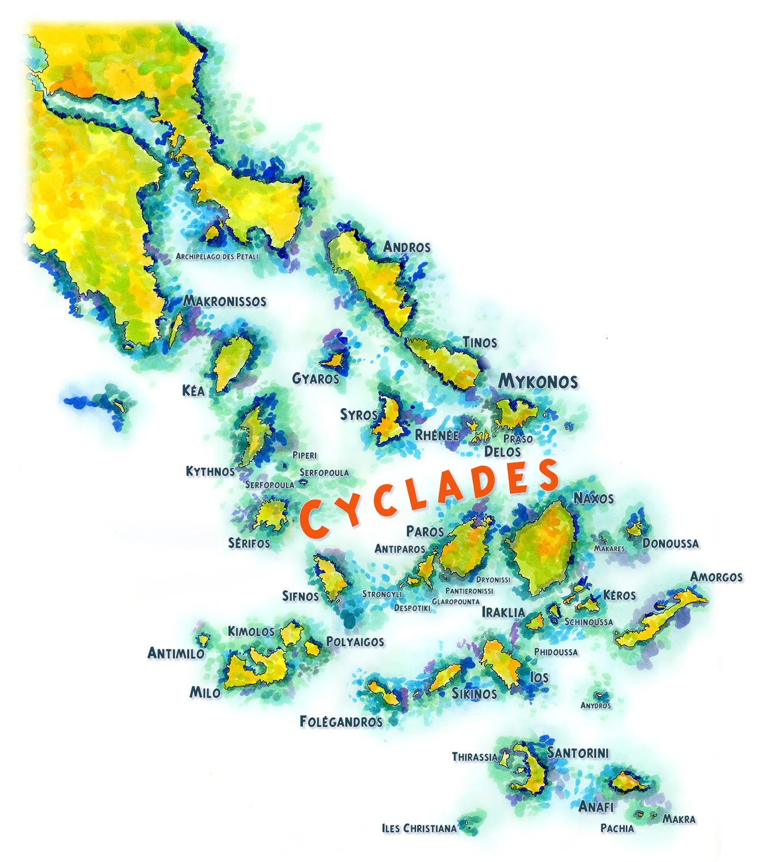 Hand-painted watercolor map of the Cyclades islands, including Paros, Naxos, Mykonos and Santorini.
