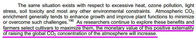 Screenshot of a document passage, its final sentence highlighted, claiming that raising atmospheric CO2 has monetary value as a 'positive externality'