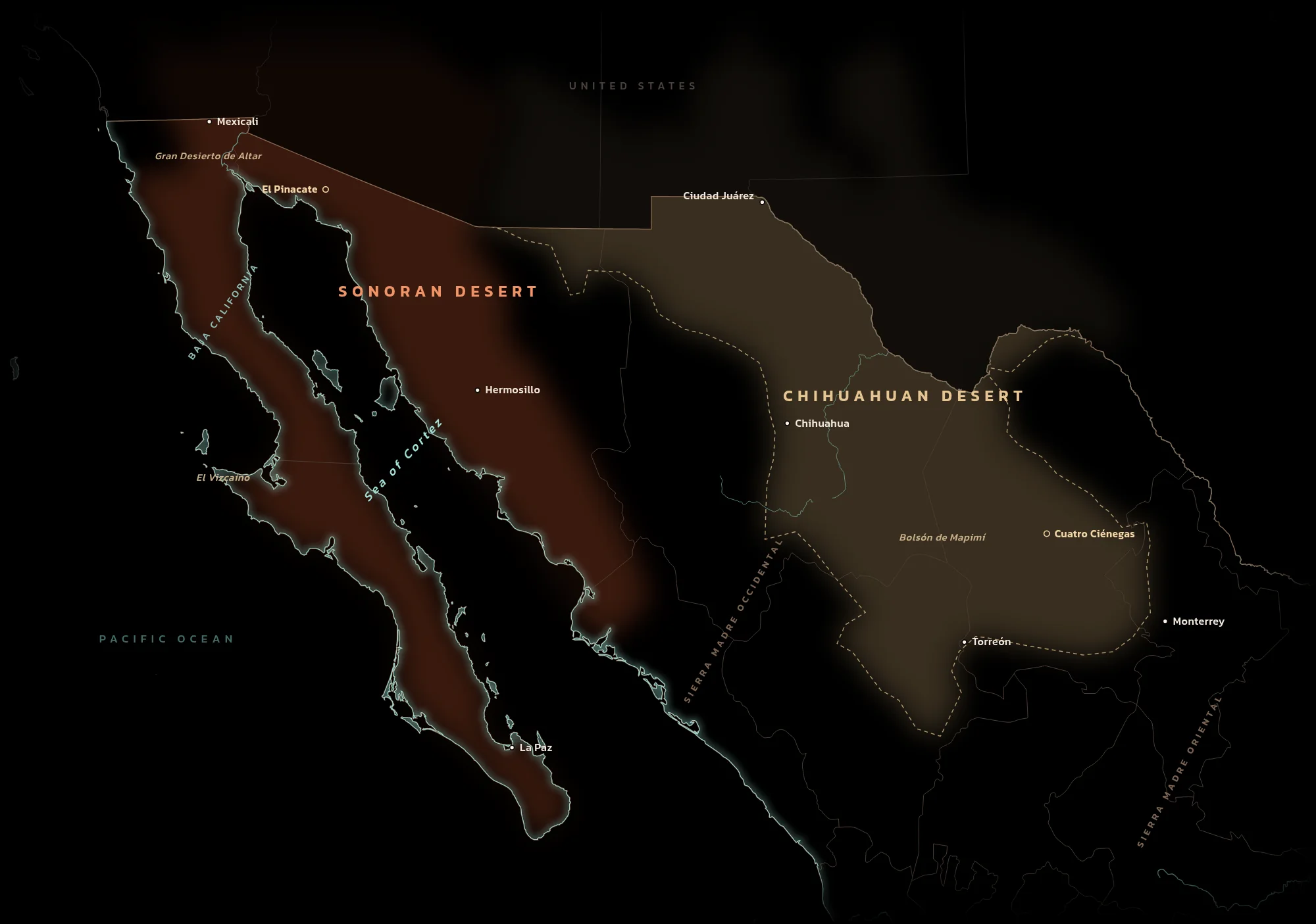 Line map of northern Mexico on black: the Sonoran Desert glowing red-orange across Baja California and Sonora around the turquoise coast of the Sea of Cortez, and the sand-colored Chihuahuan Desert between the Sierra Madre Occidental and Oriental, with El Pinacate, the Gran Desierto de Altar, El Vizca&iacute;no, the Bols&oacute;n de Mapim&iacute; and Cuatro Ci&eacute;negas marked.