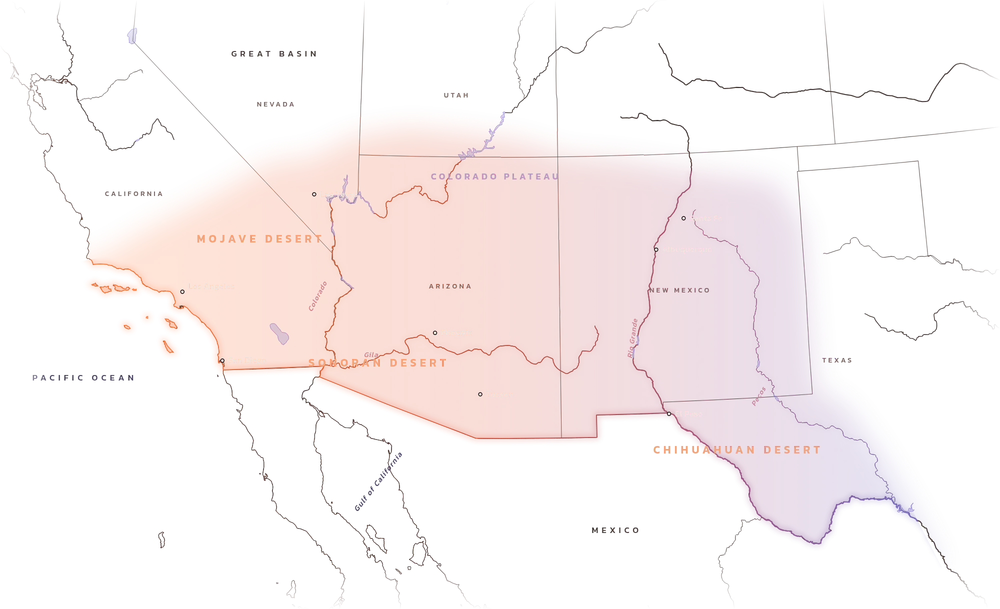 Line map of the American Southwest on black: a soft orange-to-violet glow covers Southern California, southern Nevada, Arizona, New Mexico and West Texas, with the Mojave, Sonoran and Chihuahuan deserts, the Colorado Plateau, the Colorado River and the Rio Grande, and the Mexican border as its southern edge.