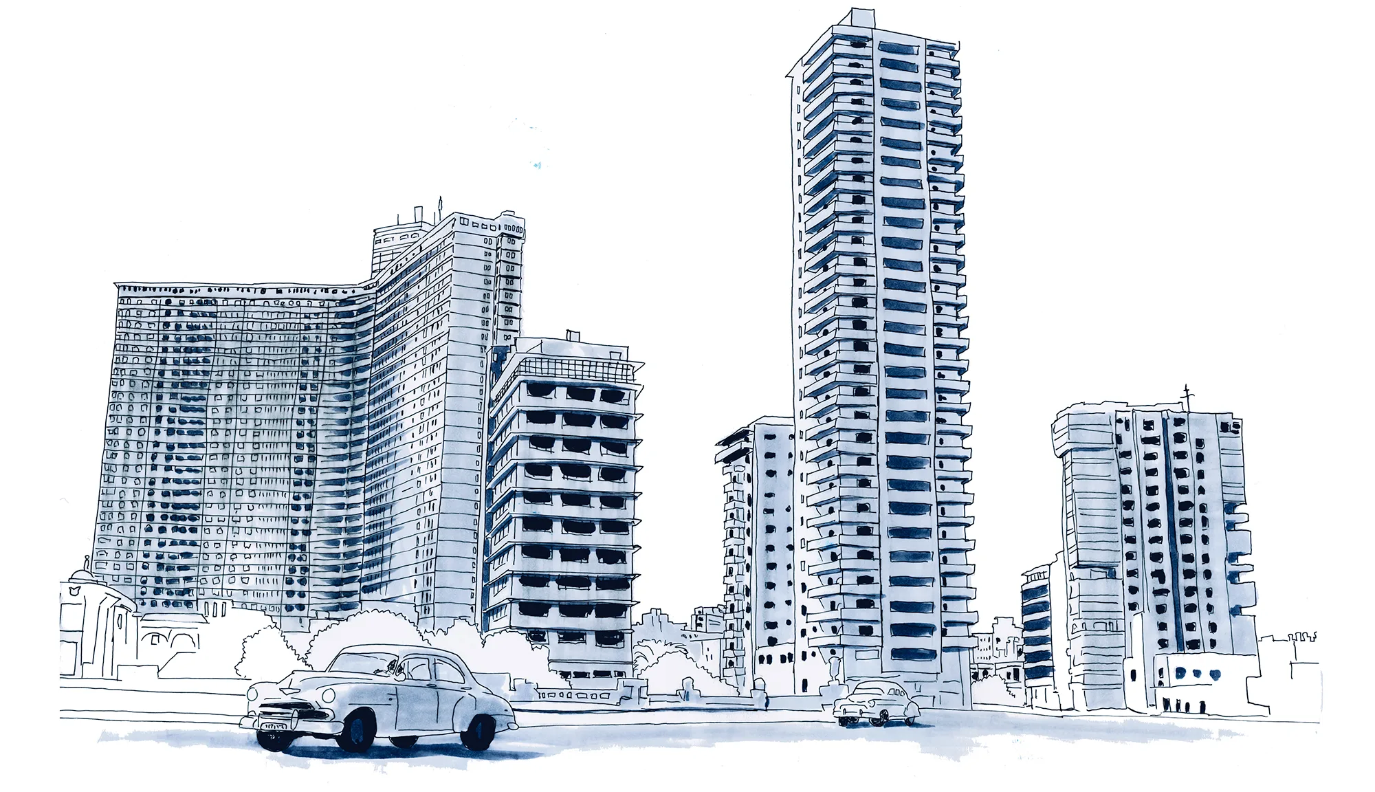 Ink and watercolor sketch of Soviet-era high-rise buildings in Havana with a vintage car in the foreground.