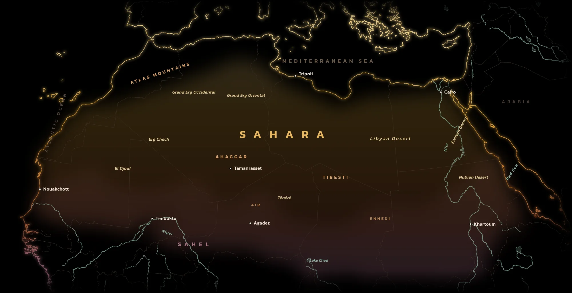 Line map of North Africa on black: the Sahara glowing sand-gold from the Atlantic to the Red Sea, shading to dusky mauve along the Sahel, with the Atlas, Ahaggar and Tibesti mountains, the great sand seas, the Nile and the Niger, and Cairo, Khartoum, Timbuktu, Agadez, Tamanrasset, Nouakchott and Tripoli marked.