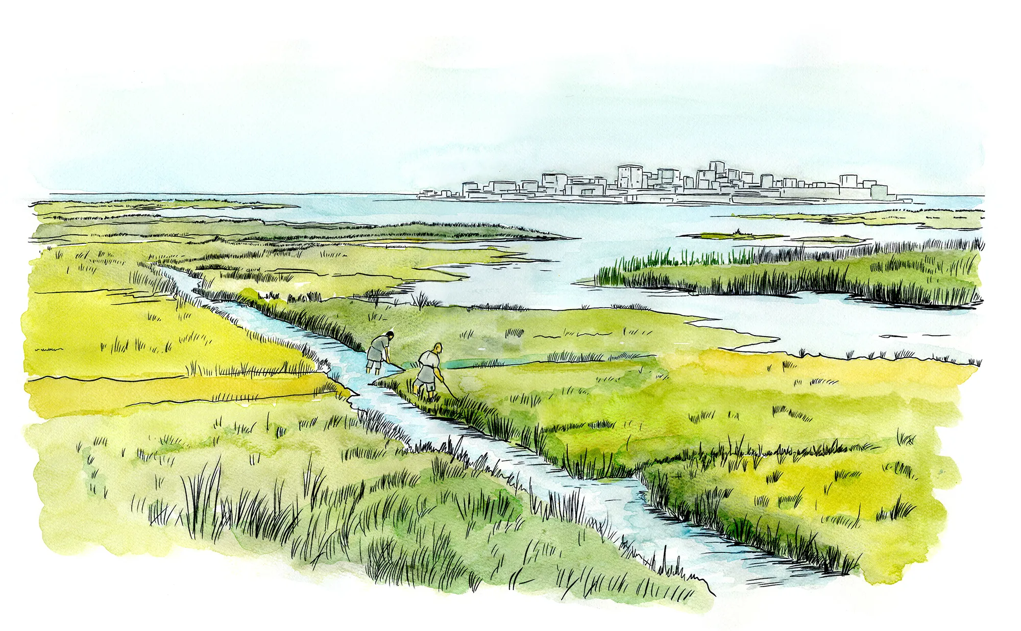 Drained marshland and irrigation channels on the plain outside ancient Syracuse in the fifth century BC, with the island of Ortigia in the distance.