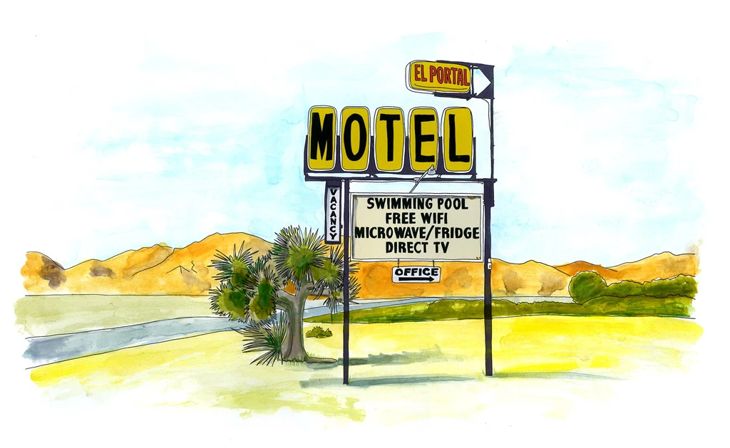 Watercolor and Copic marker sketch of the El Portal Motel roadside sign in Beatty, Nevada near Death Valley