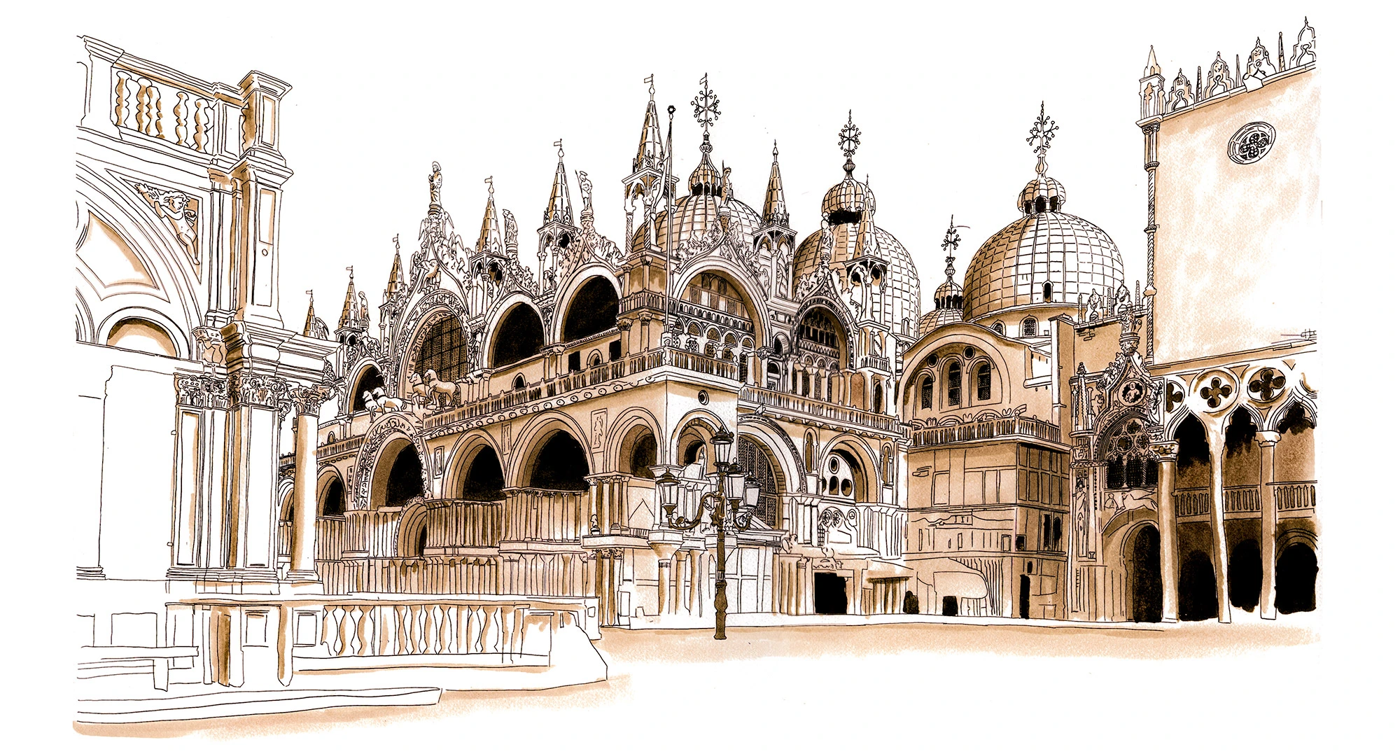 Architectural travel illustration of St. Mark's Basilica in Venice by Erik Gauger, created using liner pens, Copic markers, and watercolor to capture the ornate domes and arches of the historic church in St. Mark's Square.