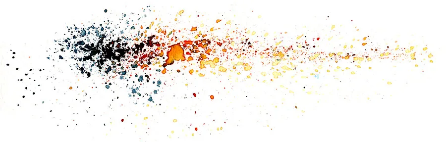 Watercolor splatter abstraction of an Estimated Prophet jam, dense black blots giving way to orange and pale yellow spray.