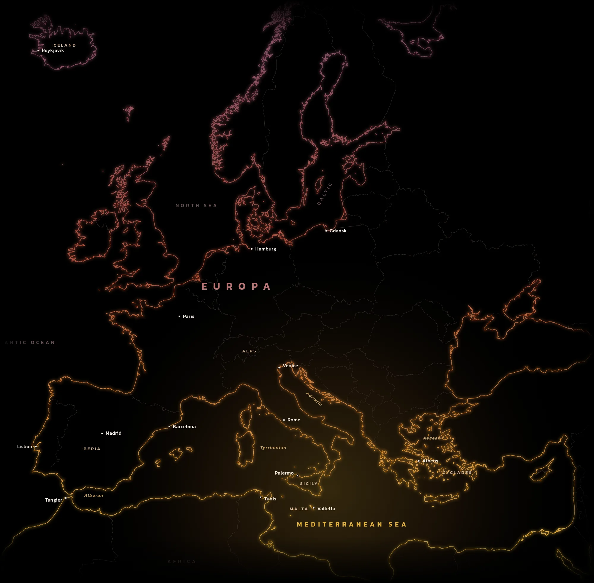 Line map of Europe and the Mediterranean on black, the coastlines shading from saffron around the Mediterranean to red and plum in the north, from Iceland and Scandinavia to Iberia, Italy, Greece and the coast of North Africa, with Lisbon, Madrid, Paris, Hamburg, Gdansk, Venice, Rome, Palermo, Valletta, Athens, Tangier and Tunis marked.