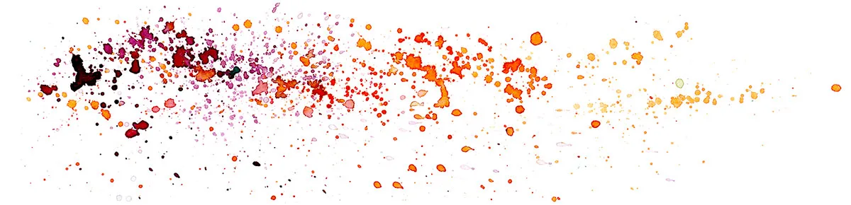 Watercolor splatter abstraction of an Eyes of the World jam, deep crimson and orange drops trailing into pale gold.