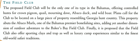 Excerpt describing the proposed Bakers Bay Field Club, with controlled hunts on the Abaco Marls.