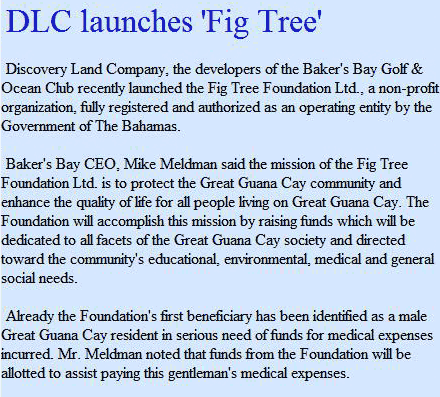 Article excerpt headlined "DLC launches 'Fig Tree'" about the Fig Tree Foundation on Great Guana Cay.