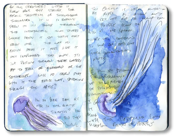 Sketchbook spread with blue watercolor sketches of a mosaic jellyfish and its trailing tentacles, with handwritten notes.