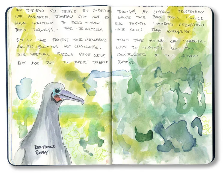 Sketchbook spread with a red-footed booby and a green watercolor wash, with handwritten notes on Christian missions in Polynesia.