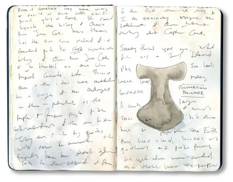 Sketchbook spread with a sketch of a Polynesian stone pounder and handwritten notes on Polynesian history.