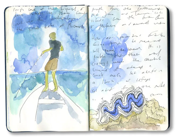 Setting anchor in a blue lagoon in Tikehau atoll sketch