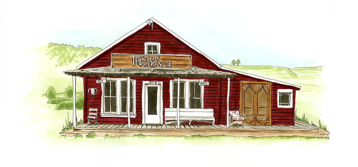 Watercolor and ink illustration of the red-clapboard Frenchglen Mercantile store and its porch, Oregon