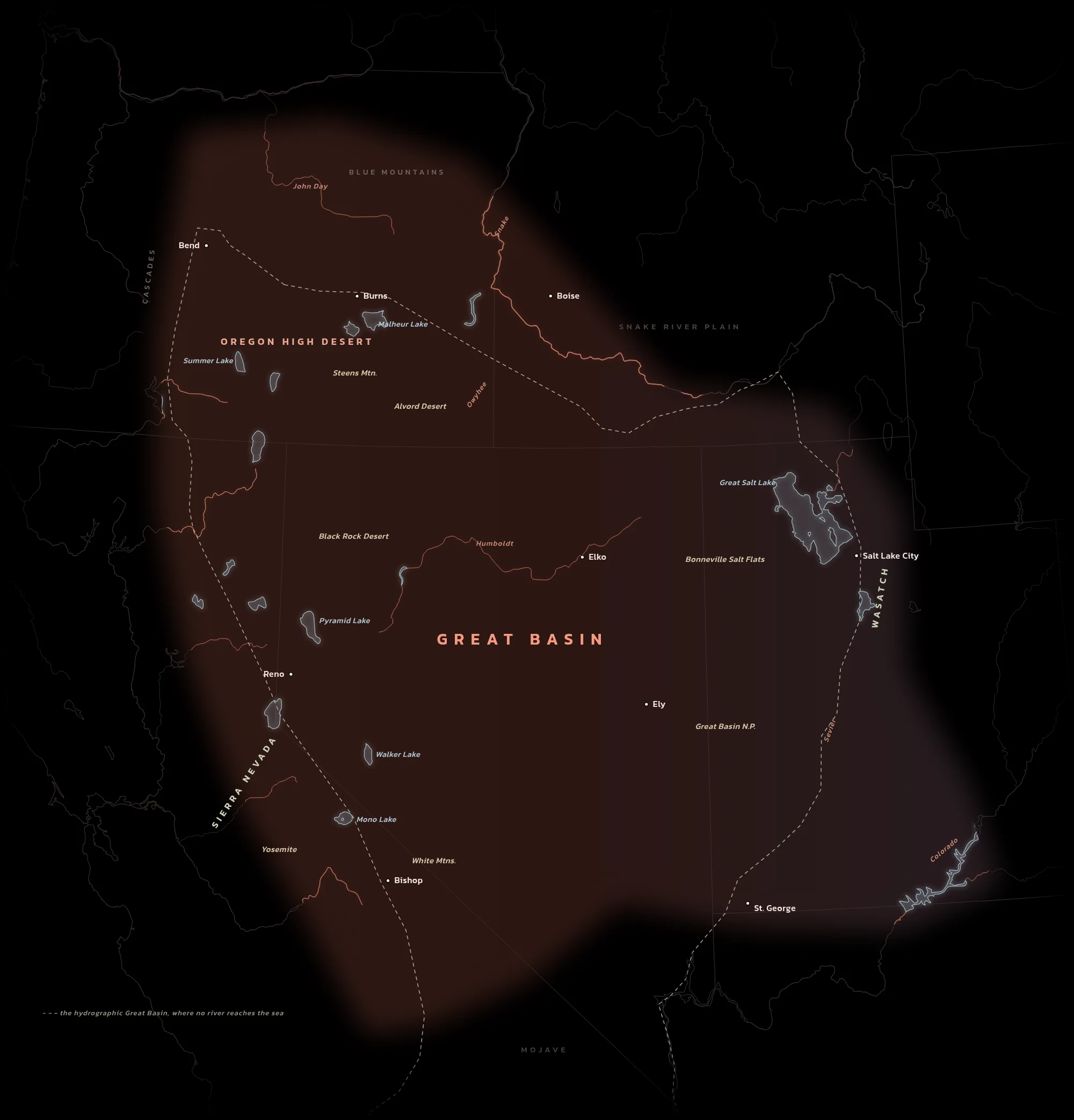 Line map of the Great Basin on black: a coral glow covers eastern Oregon, Nevada, western Utah and the eastern Sierra Nevada, with a dashed line tracing the hydrographic Great Basin, its closed lakes from Great Salt Lake to Pyramid, Walker, Mono and Malheur, and rivers such as the Humboldt, the Owyhee and the Sevier.