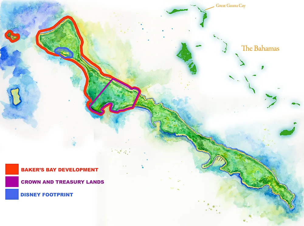 The Great Guana Cay map outlining the Bakers Bay development in red, the Crown and Treasury lands in purple and the old Disney footprint in blue