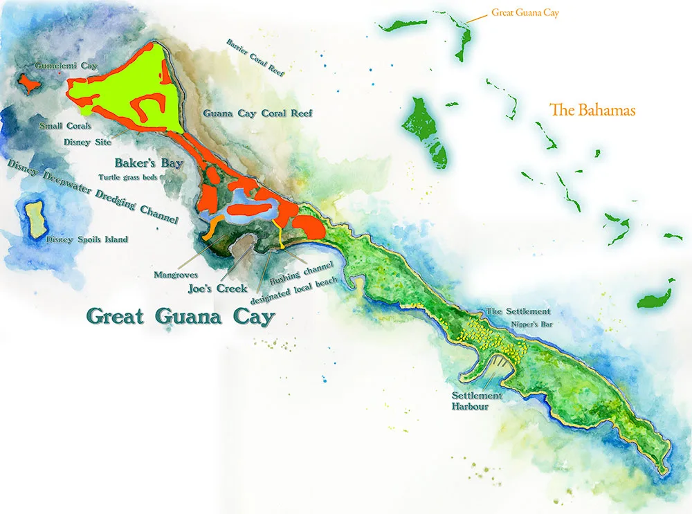 The Great Guana Cay map with the Bakers Bay development painted over it, the golf course in green and the private home sites in red