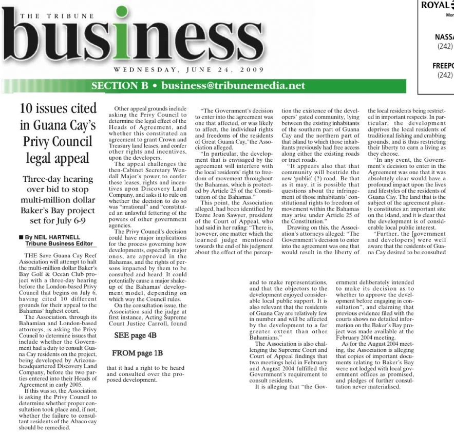 Tribune Business clipping from June 24, 2009: 10 issues cited in Guana Cay's Privy Council legal appeal, a three-day hearing over the bid to stop the Baker's Bay project