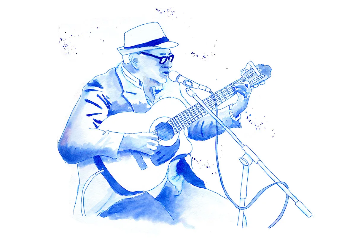 Blue ink sketch of a classical guitarist in a hat and glasses playing and singing into a microphone at Placita de la Seu, Barcelona.