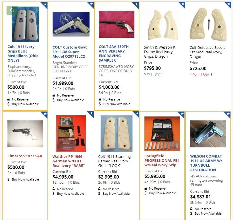 Screenshot of GunBroker.com listings for handguns with real elephant ivory grips, priced from $500 to $5,995.