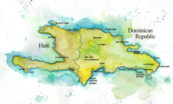 Hand-painted watercolor map of the island of Hispaniola, showing Haiti and the Dominican Republic.