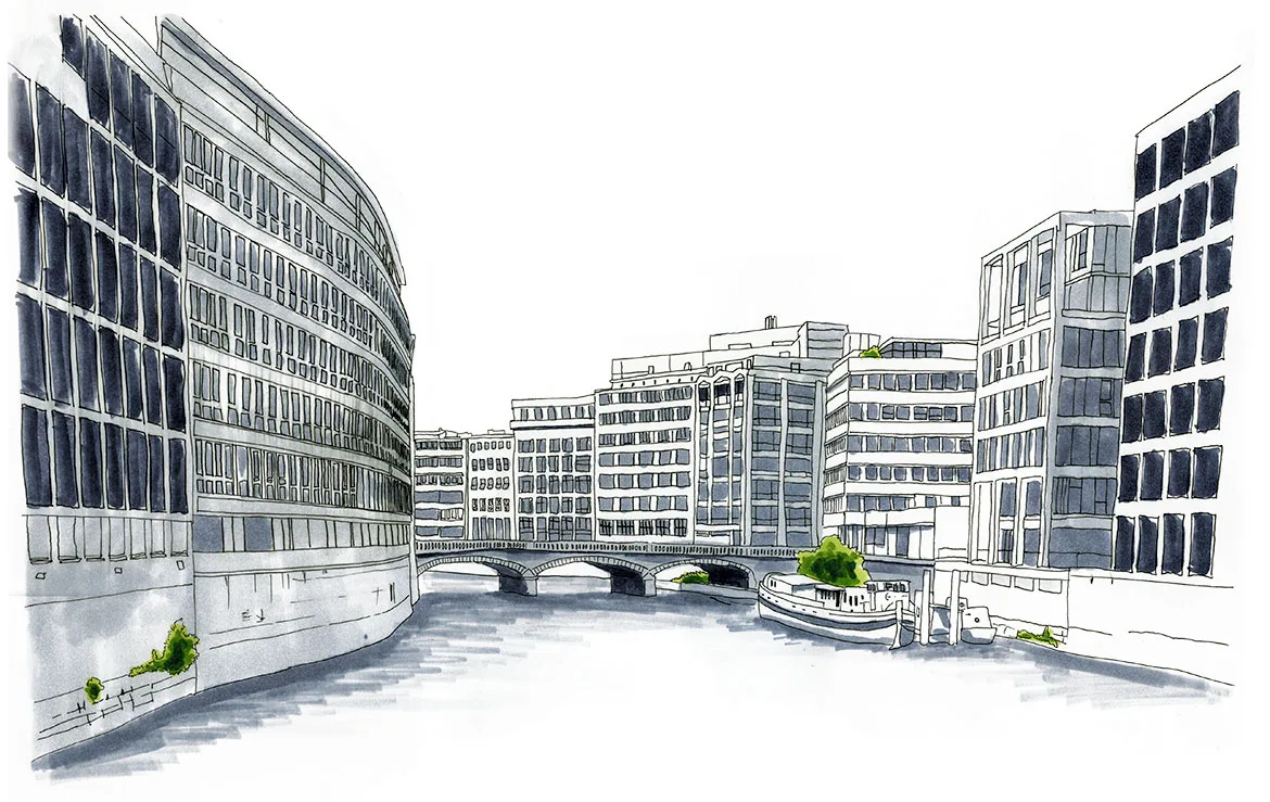 Modern buildings and old bridge, HafenCity, Hamburg