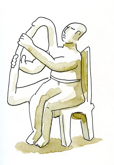 Ink and watercolor sketch of the Cycladic marble harp player, a seated figure holding a harp.