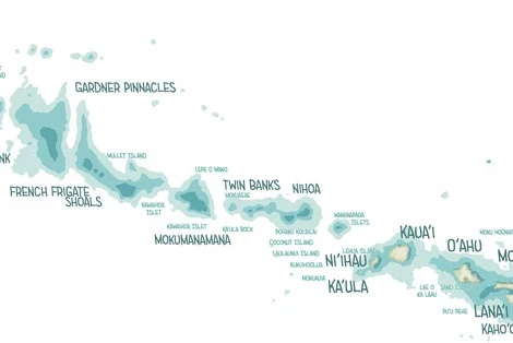 Hand-drawn map of the Hawaiian Islands, including the main islands and the remote atolls, reefs, and islets of the Northwestern Hawaiian chain.
