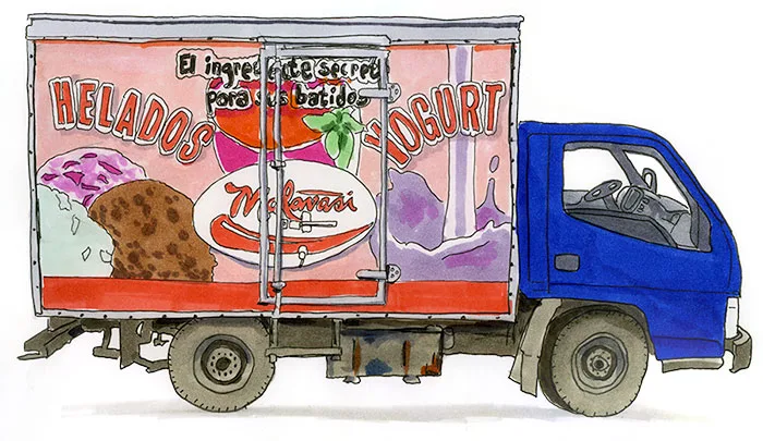 Ink and watercolor sketch of a blue ice cream and yogurt delivery truck painted with "Helados" and "Yogurt" in Tamarindo, Costa Rica.