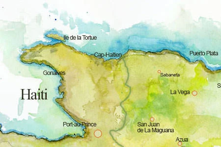 Handpainted map of Hispaniola (Haiti and the Dominican Republic)