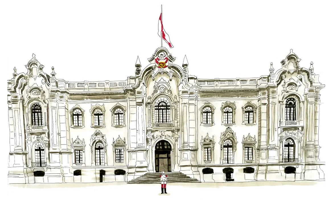 Ink and watercolor sketch of the ornate Government Palace, the House of Pizarro, in Lima, Peru.