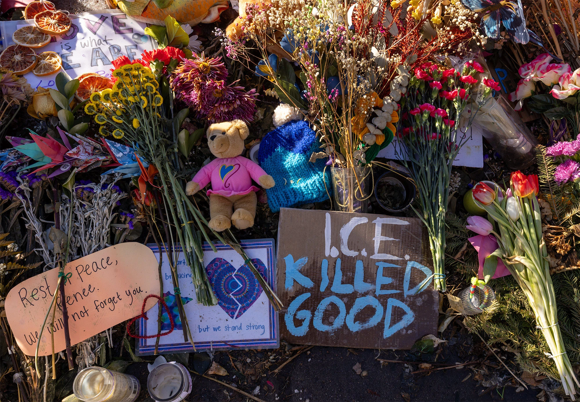 Close-up of flowers, a teddy bear, handmade signs and a cardboard message reading 'I.C.E. killed Good' among other tributes laid at the Renee Good memorial in Minneapolis.