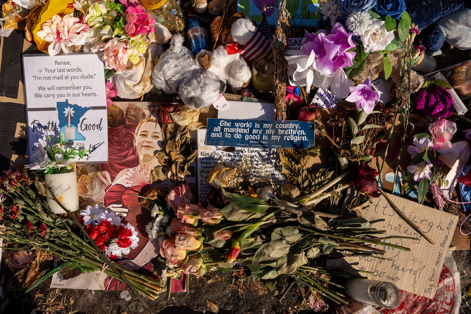 A close-up of flowers, memorial objects and a sign at the Renee Good memorial, including a quote on a small plaque that begins, 'The world is my country, all mankind are my brethren, and to do good is my religion.'