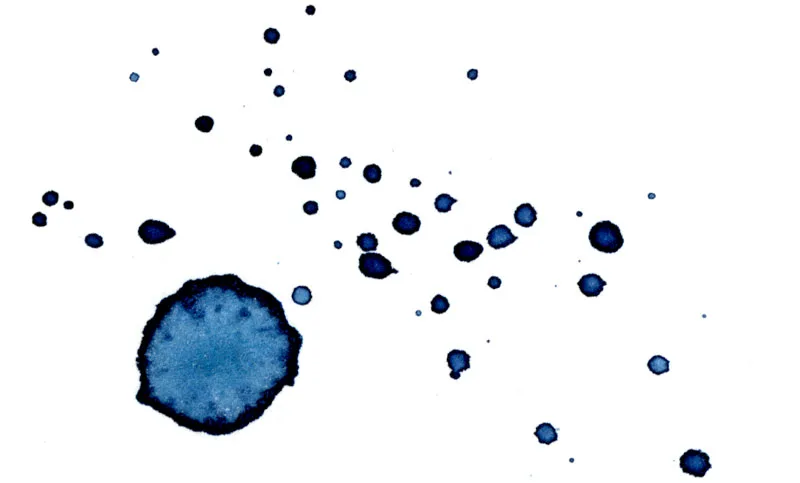 A spatter and pooled blob of dark indigo watercolor on white