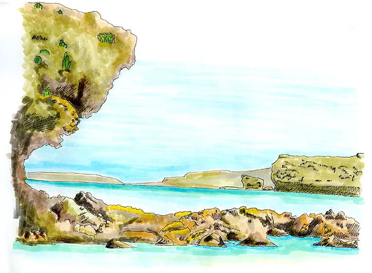 Ink and watercolor sketch of a rocky headland with cactus above the turquoise water of Bahía Puerto Balandra near La Paz.