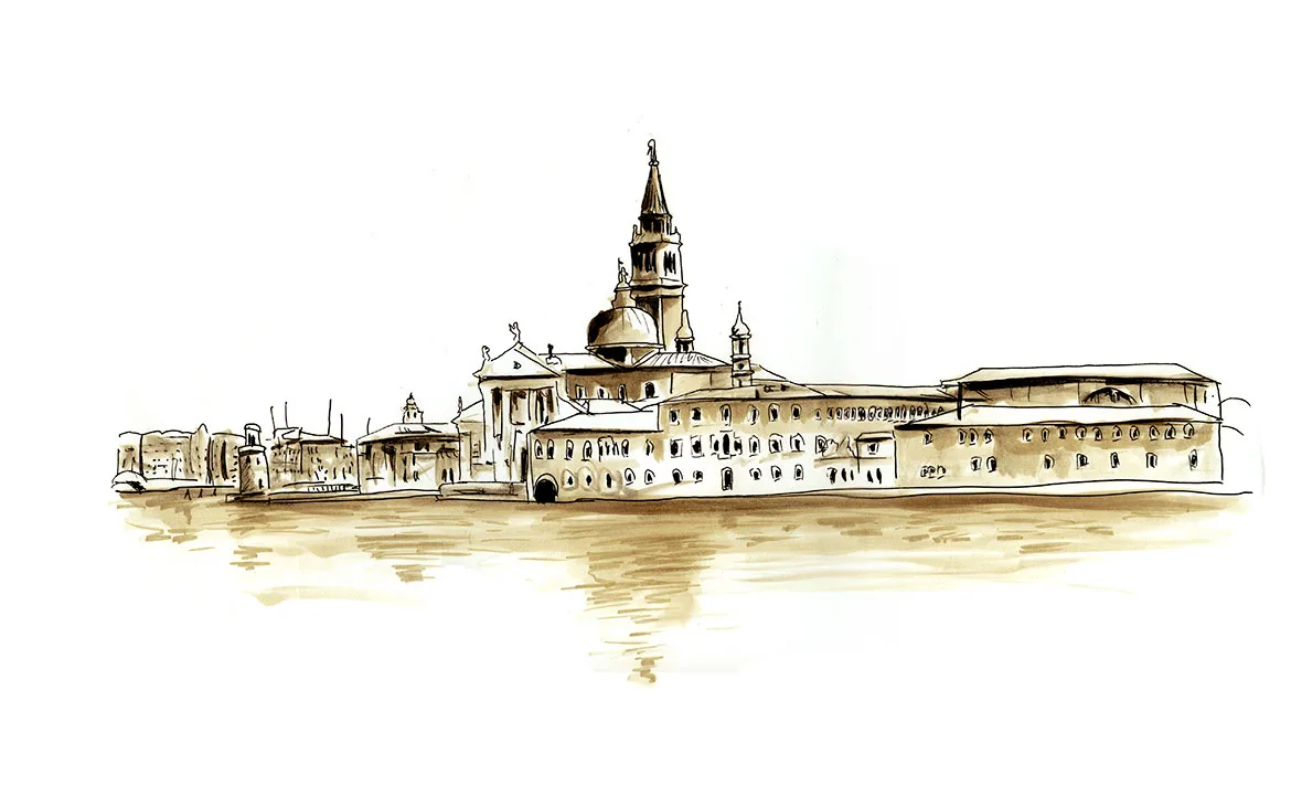 Watercolor sketch of the island of San Giorgio Maggiore rising from the Venetian lagoon