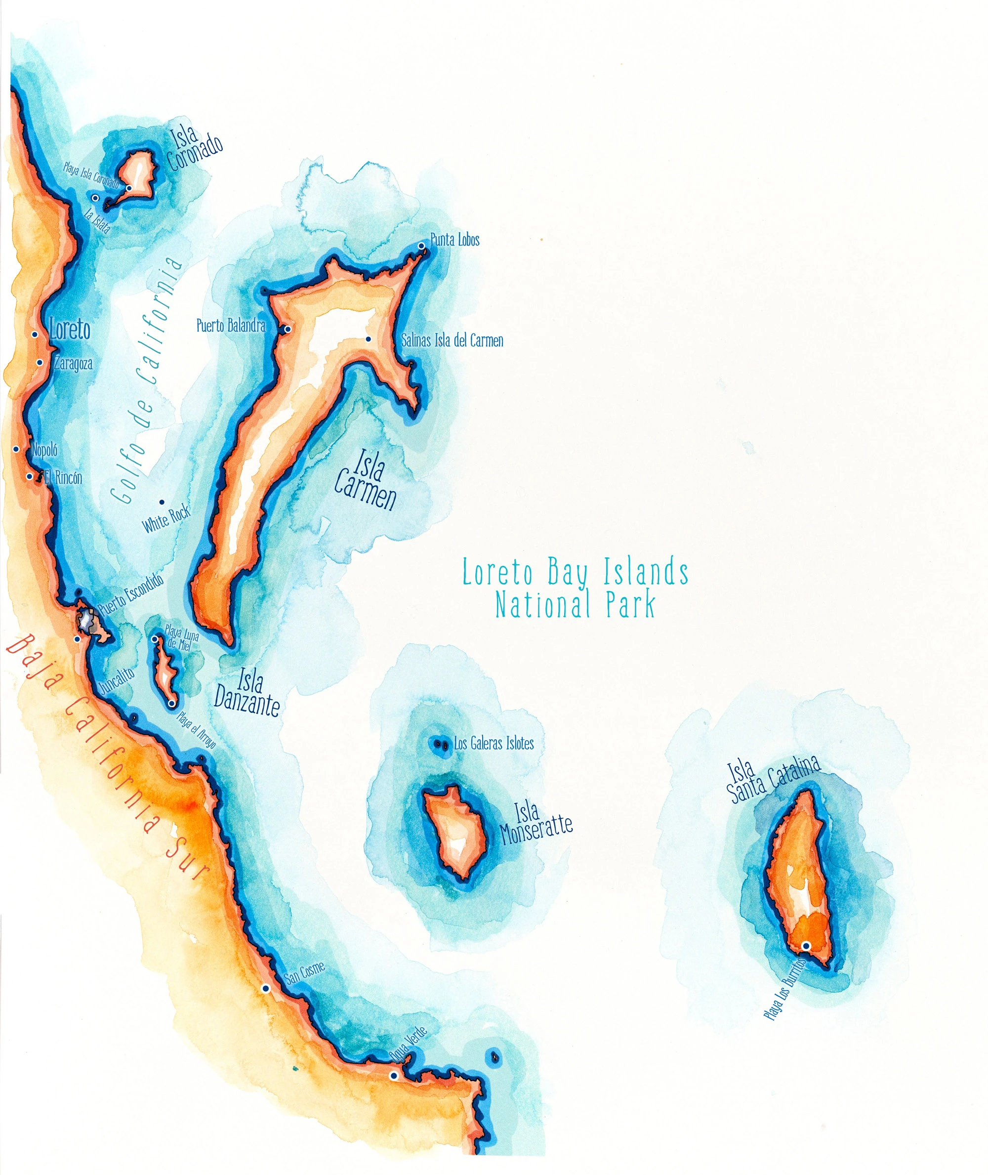 Map of the islands of the Bahía de Loreto National Marine Park, Baja California Sur, Mexico