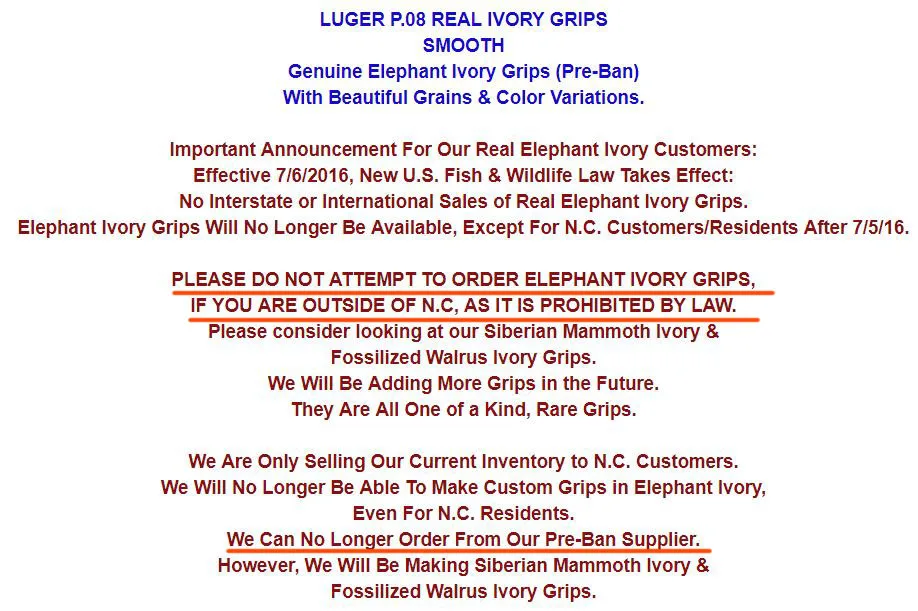 Screenshot of a dealer's notice about selling pre-ban elephant ivory gun grips after the 2016 U.S. Fish and Wildlife rule change.