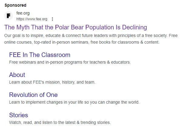 Screenshot of a sponsored FEE.org advertisement titled 'The Myth That the Polar Bear Population Is Declining'