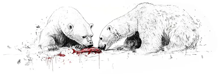 Ink drawing of two polar bears sharing a fish