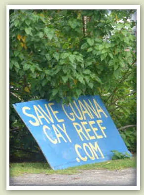 A blue plywood sign reading "SaveGuanaCayReef.com" propped in the bushes on Great Guana Cay.