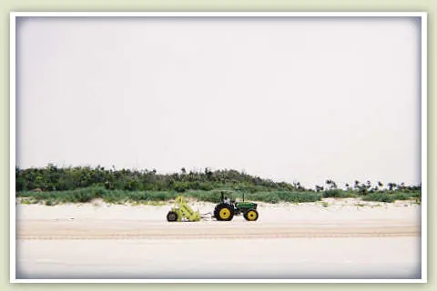 A tractor grading the white sand of a beach on Great Guana Cay.