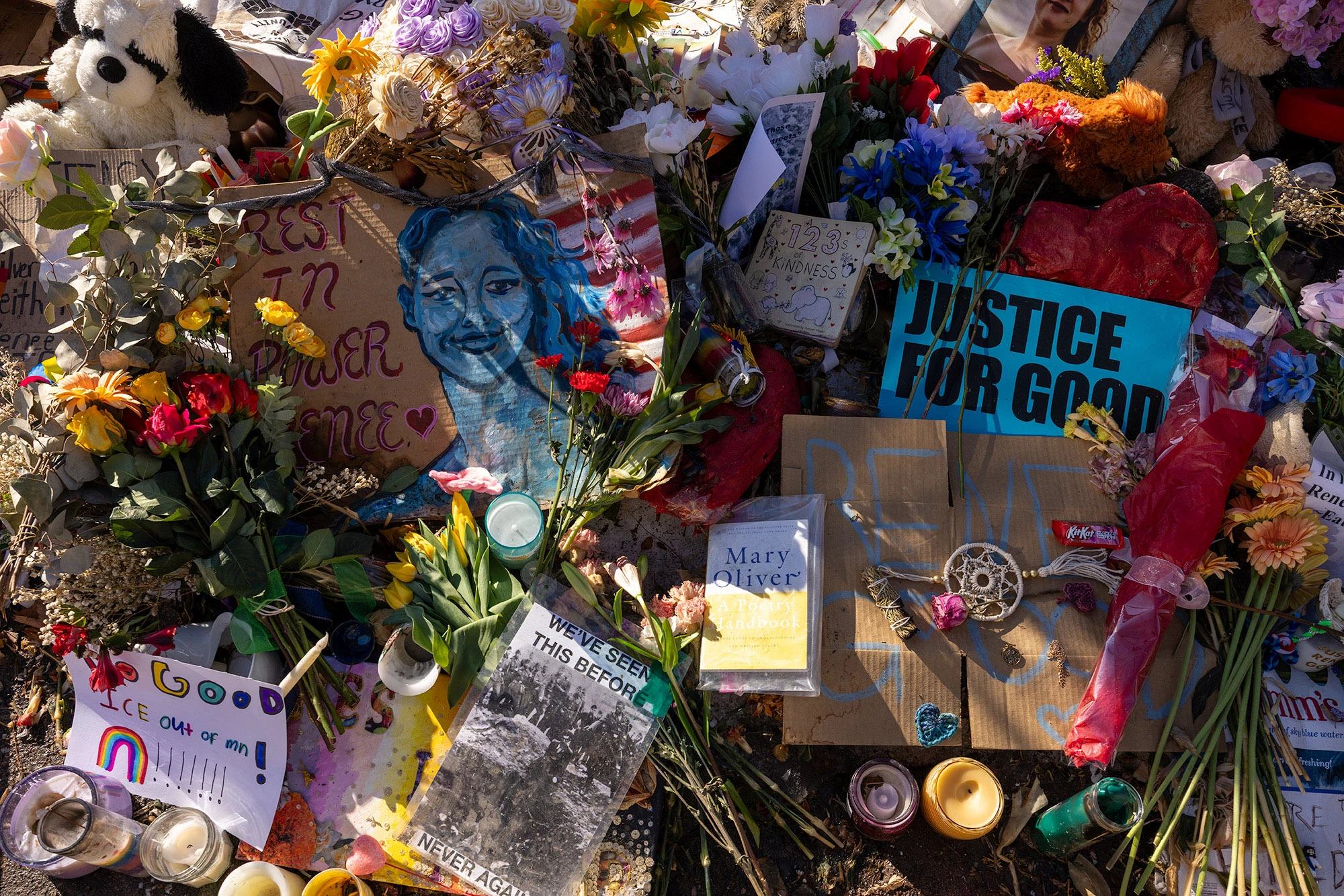 A detailed view of flowers, signs, candles and personal tributes at the Renee Good memorial site in Minneapolis.