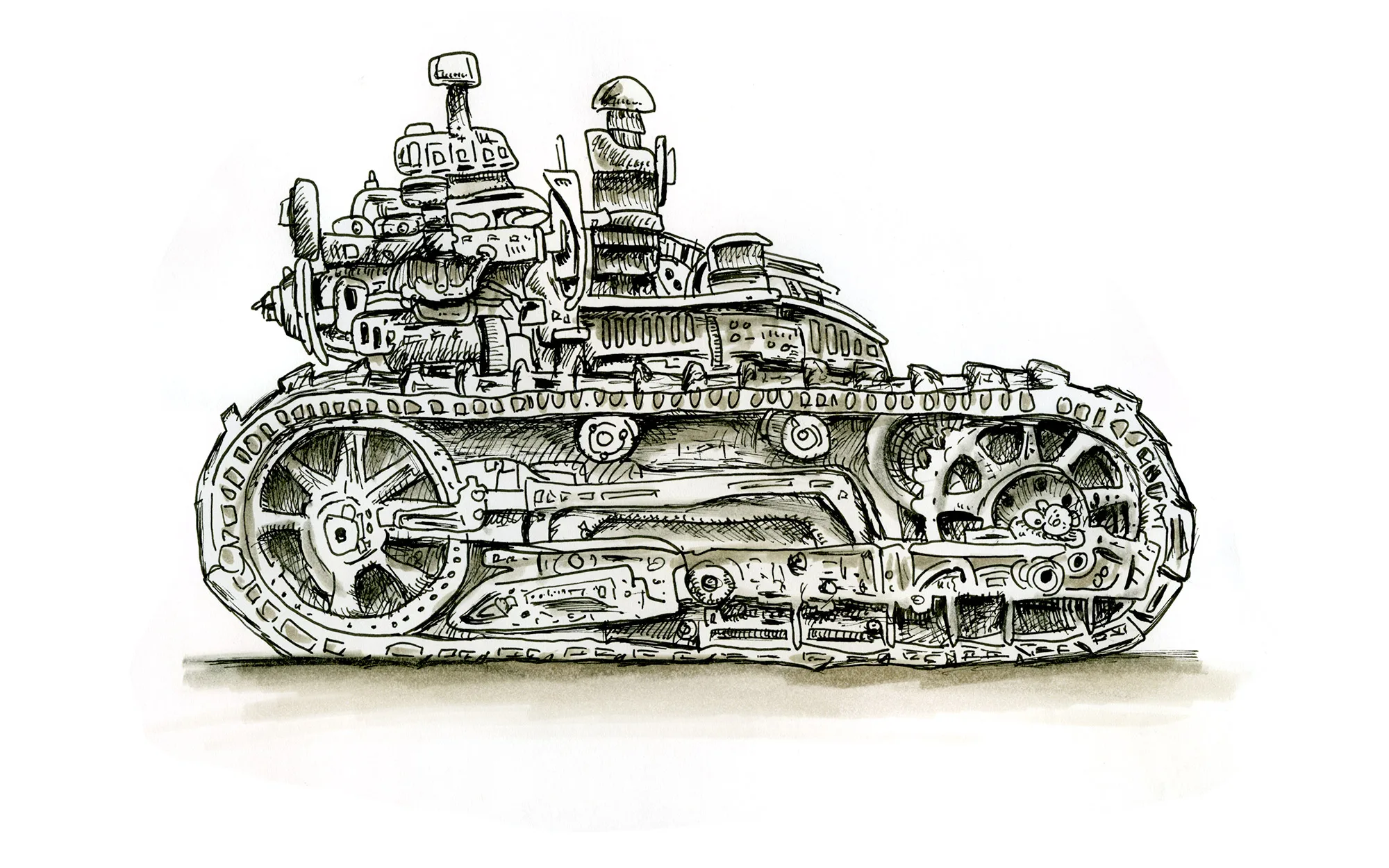 Detailed ink illustration of a fantastical tracked vehicle built from engines and machinery.
