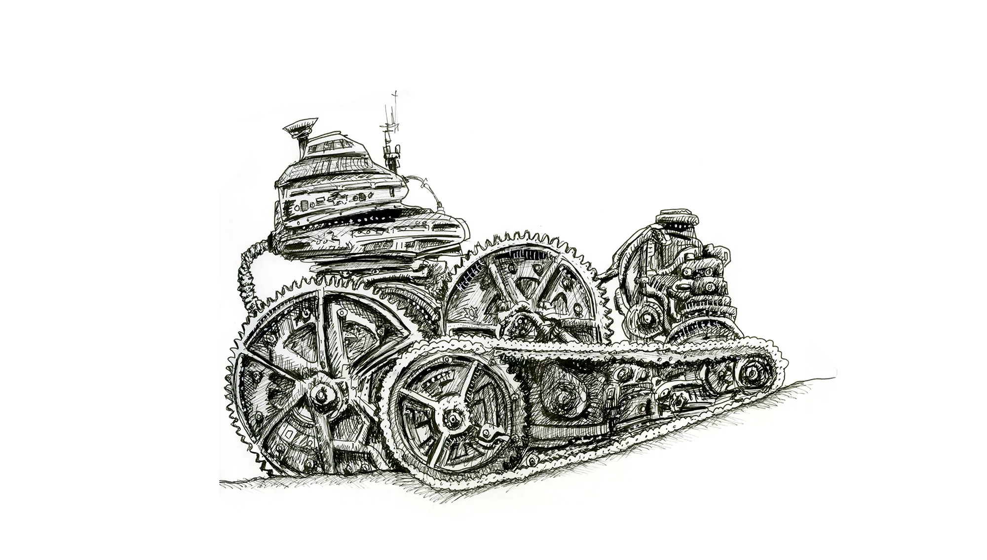 Ink drawing of a fanciful steampunk machine built from giant gears, chains and tank treads