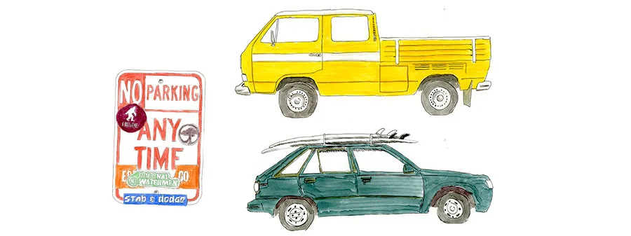 Watercolor illustration of a yellow crew-cab truck, a surfboard-topped wagon, and a 'No Parking Any Time' sign, Kauai