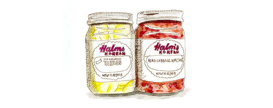 Watercolor illustration of two jars of Halm's Korean takuan and head-cabbage kimchi