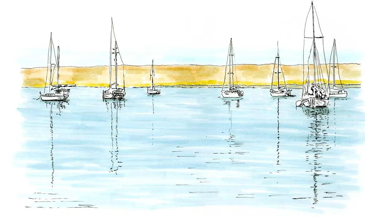 Ink and watercolor sketch of sailboats anchored off the La Paz waterfront, their masts reflected in calm water.